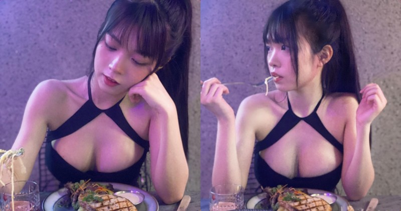 吃牛排的「童顏巨乳正妹」，「雄厚乳量」比牛排還大了！